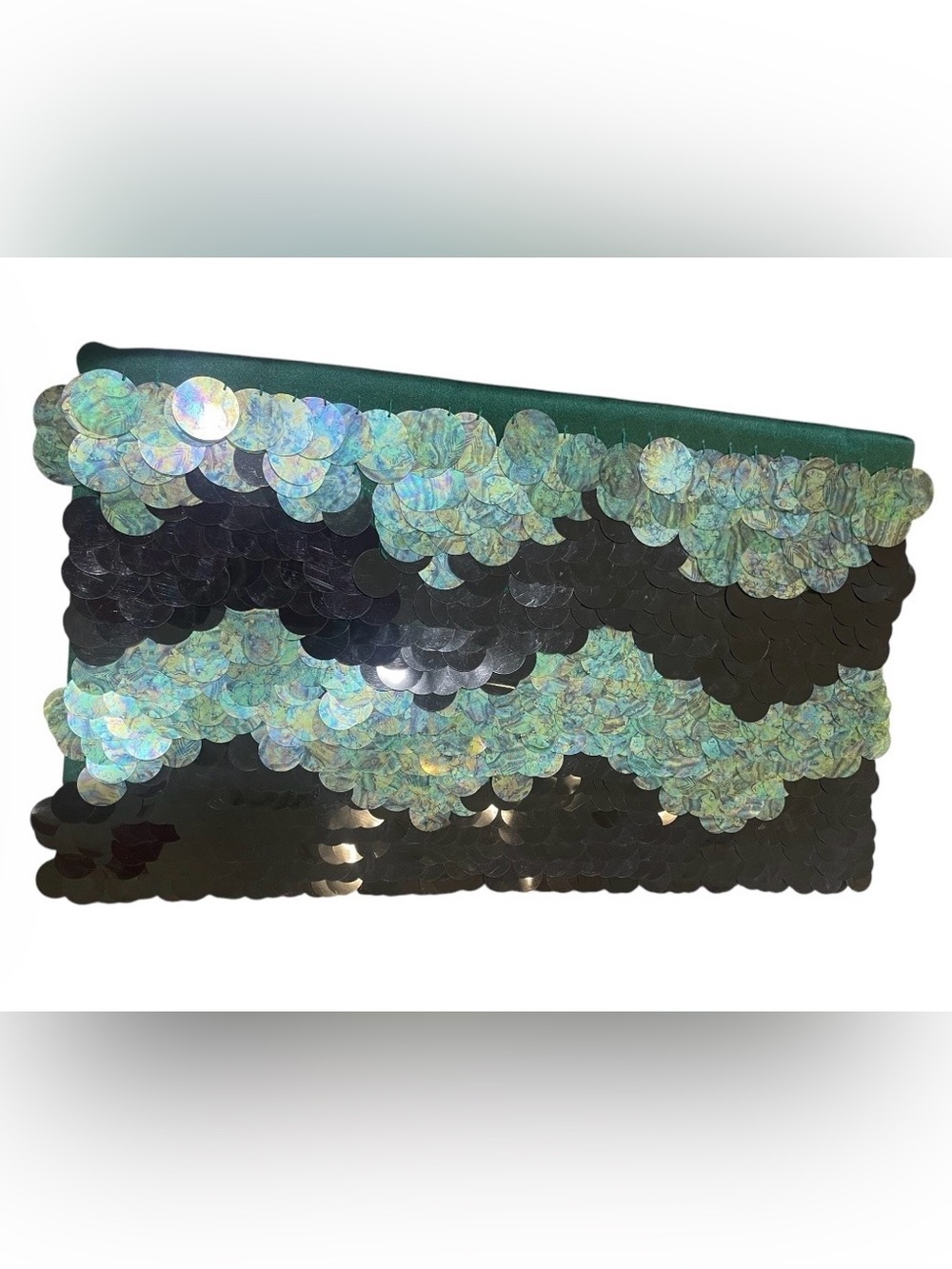 BCBGMAXAZRIA Green Satin & Iridescent Sequin Oversized Clutch